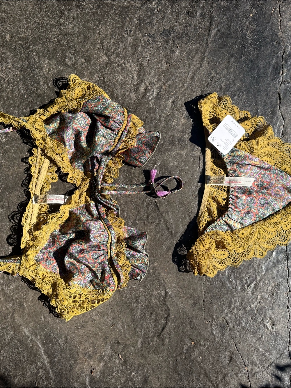 Free People Floral Lace-Trim Bralette & Bikini Set in Mustard Yellow